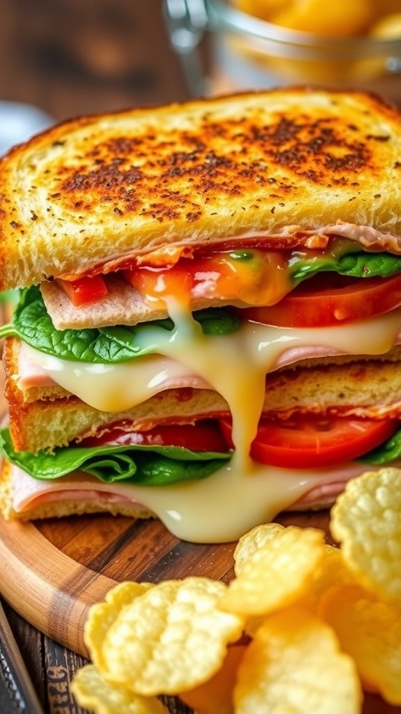 A grilled jalapeño cheese bread sandwich filled with deli meat, spinach, and tomato, served with potato chips on a wooden board.